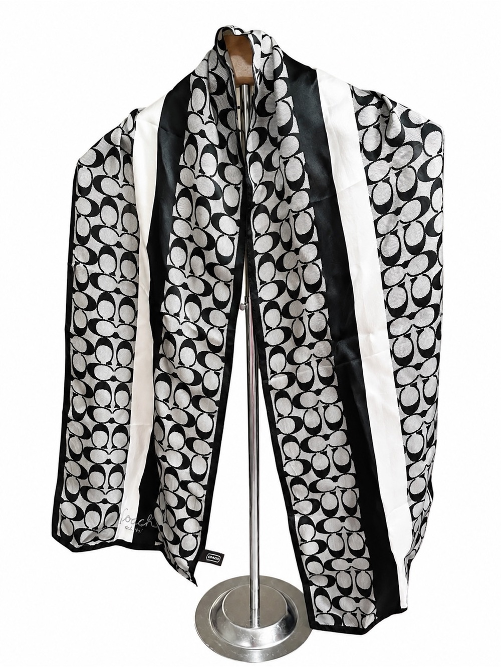 Coach Vintage Black & White Signature C Logo 100% Silk Rectangular Scarf